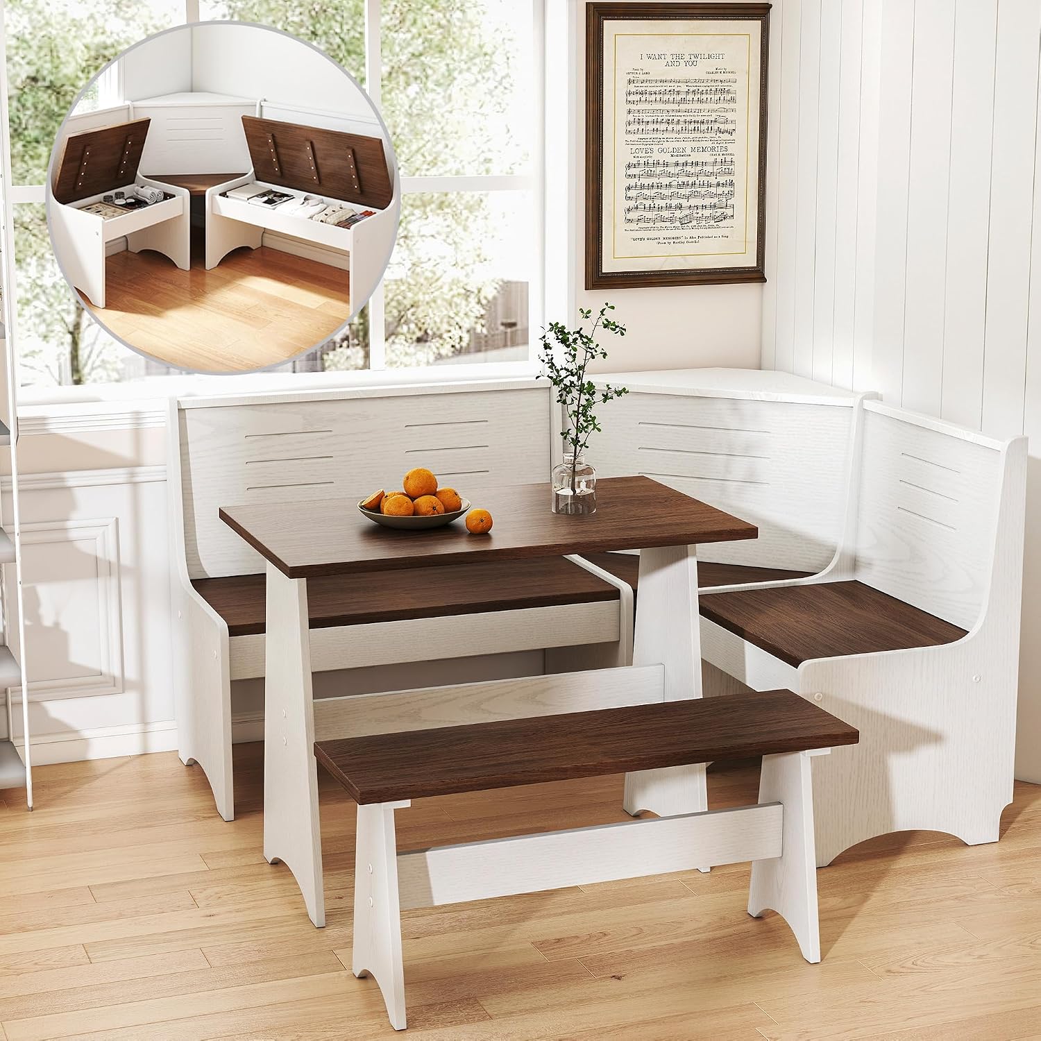 White Brown L-Shape Nook Dining Set