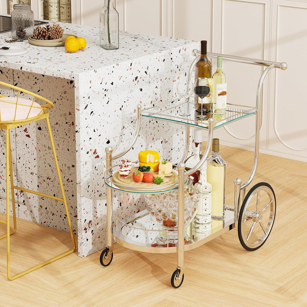 3-Tier Silver Rolling Bar Cart