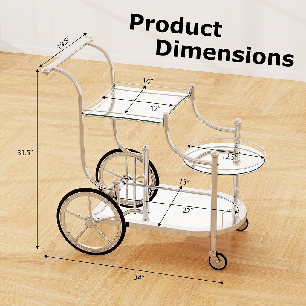 3-Tier Silver Rolling Bar Cart