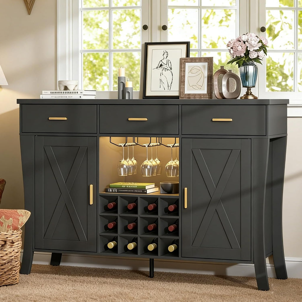 Black Farmhouse LED Wine Bar Cabinet