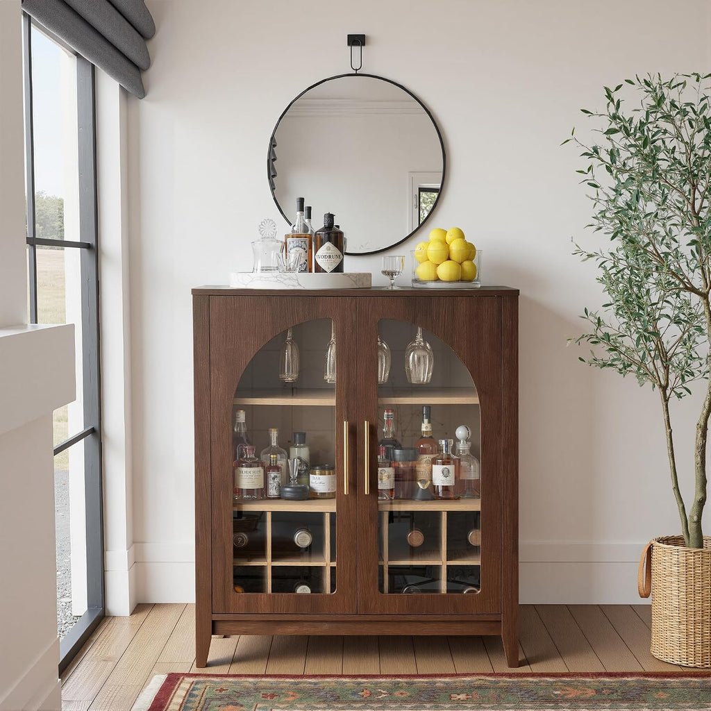 31.5" Walnut Mid-Century Glass Door Wine Bar Sideboard