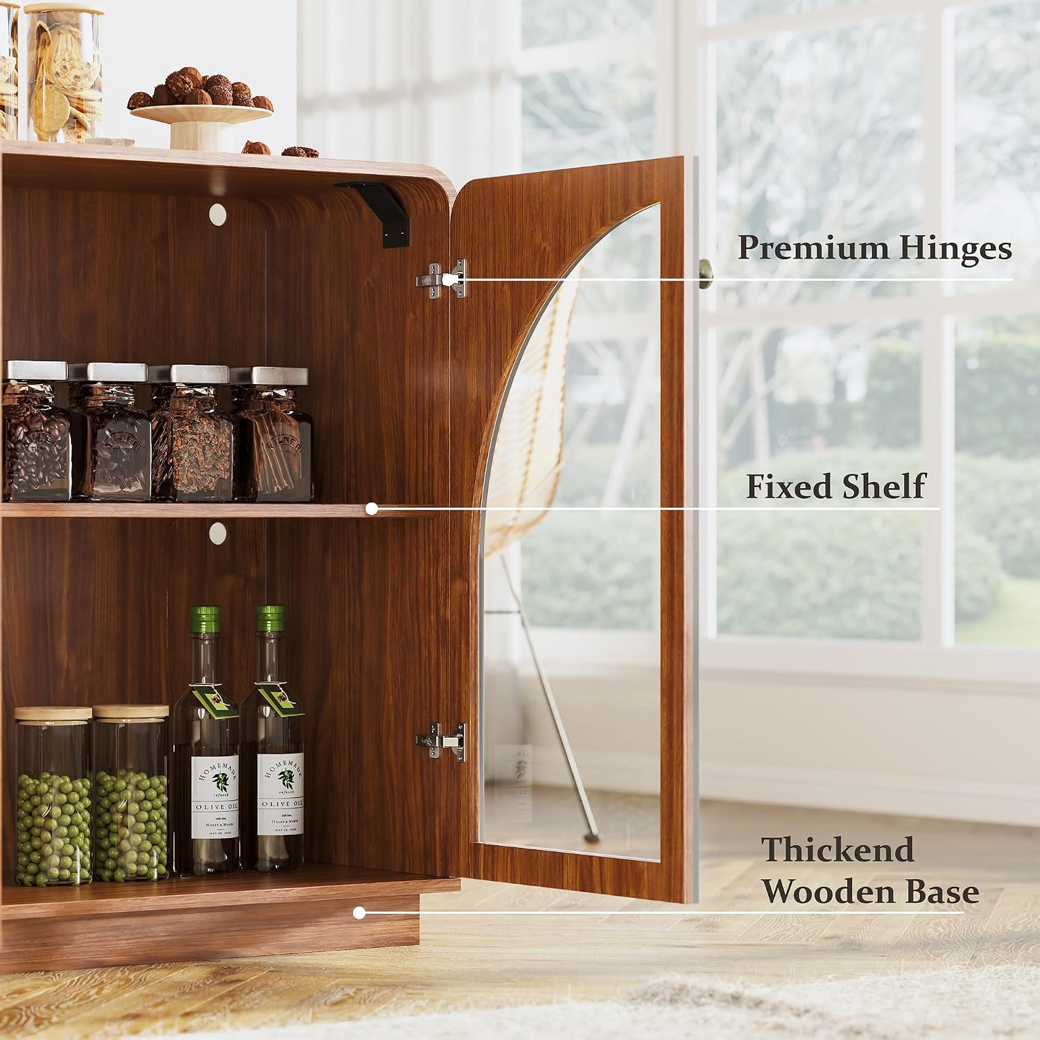68" Walnut LED Arched Glass Door Wine Bar Credenza