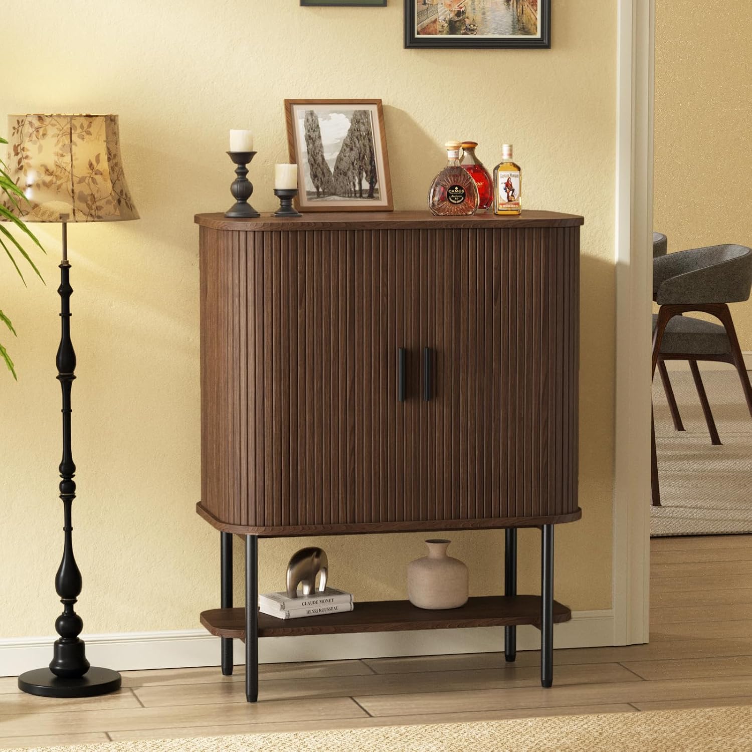 Walnut Fluted Sliding Door Wine Bar Cabinet