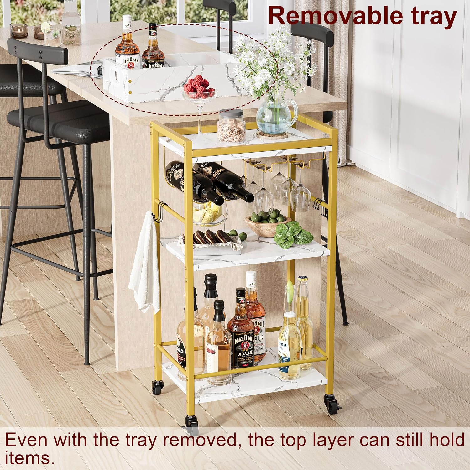 3-Tier Gold Rolling Bar Cart
