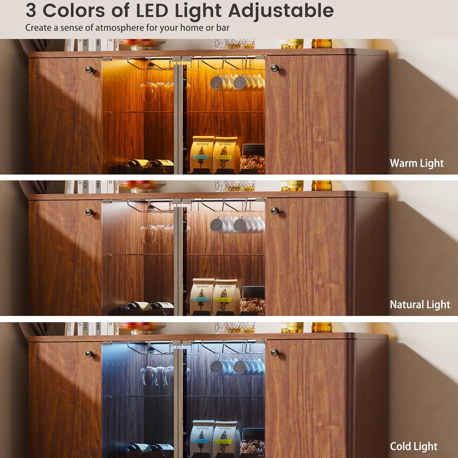 60" LED Glass Door Wine Coffee Bar Cabinet