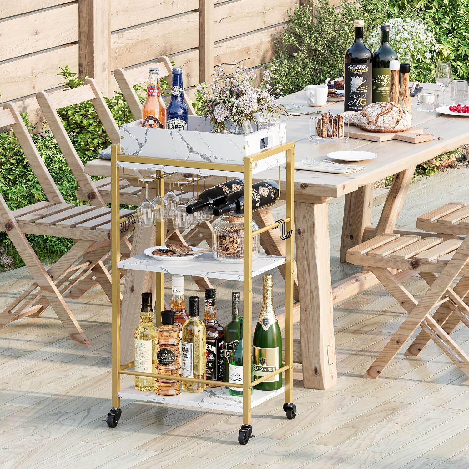 3-Tier Gold Rolling Bar Cart