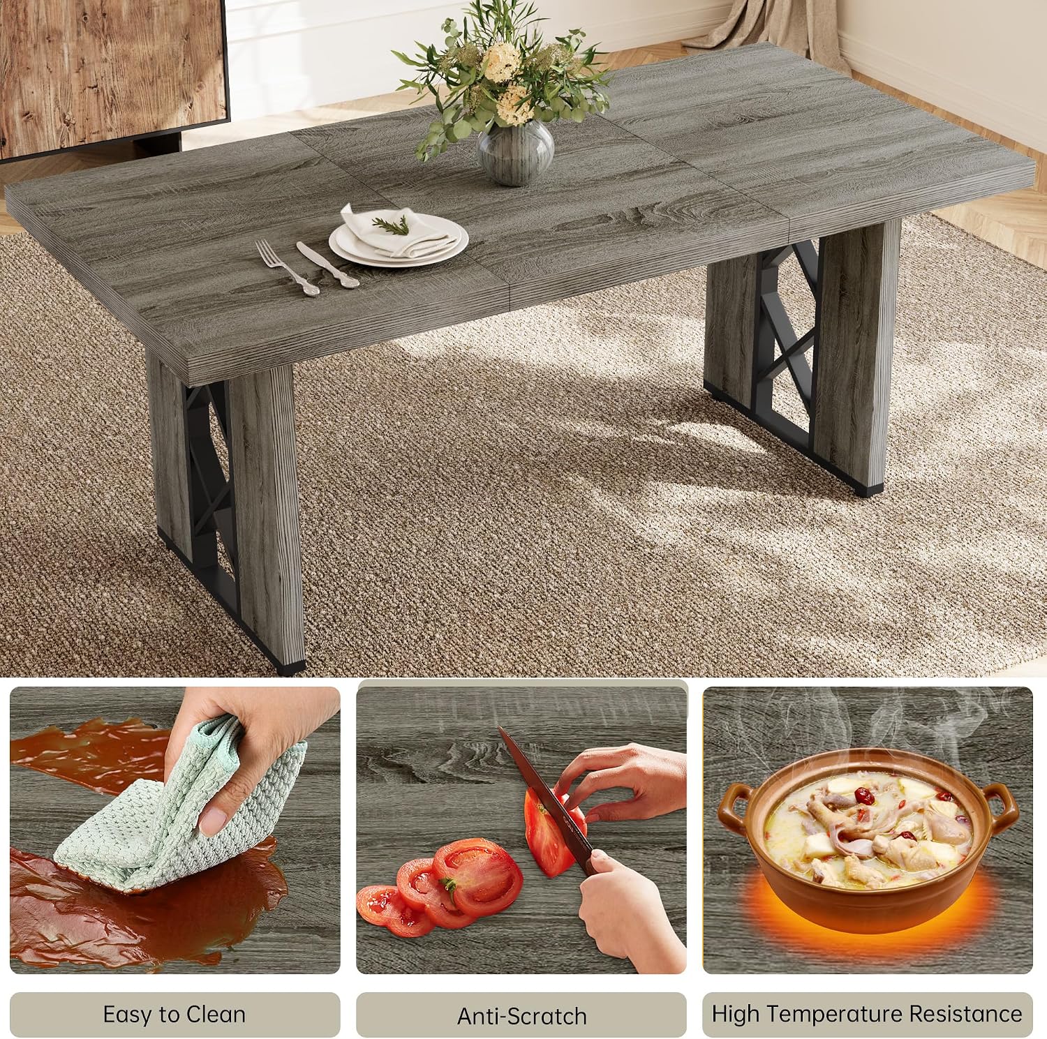 Grey 3pc Dining Table Bench Set