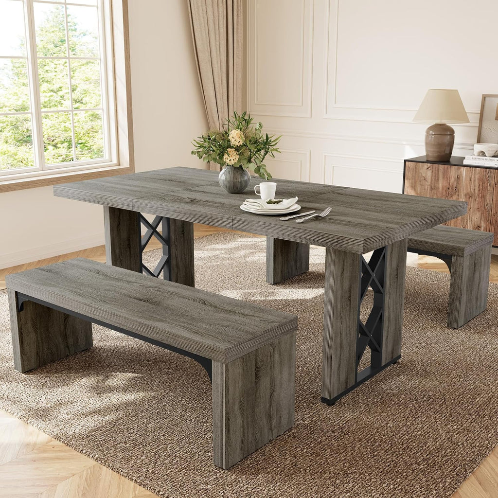 Grey 3pc Dining Table Bench Set
