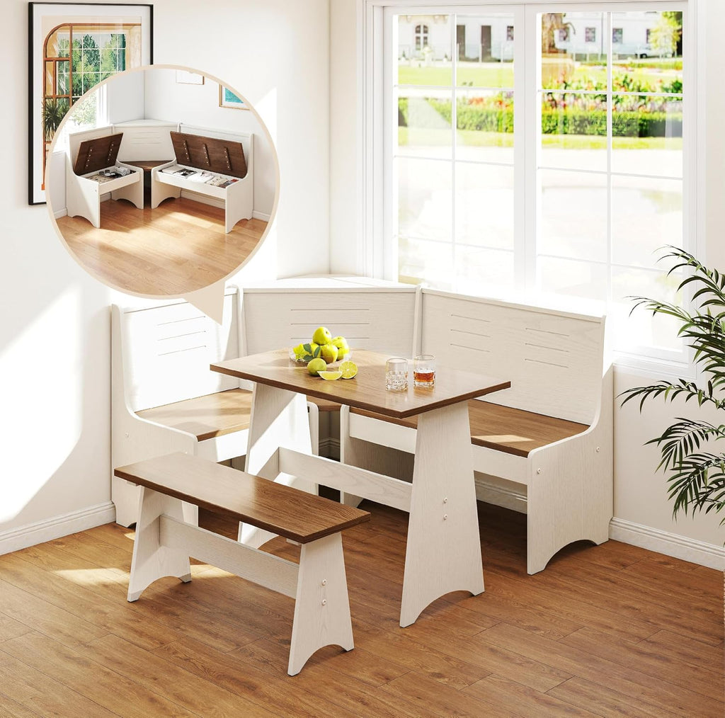 White Brown Storage Nook Dining Set