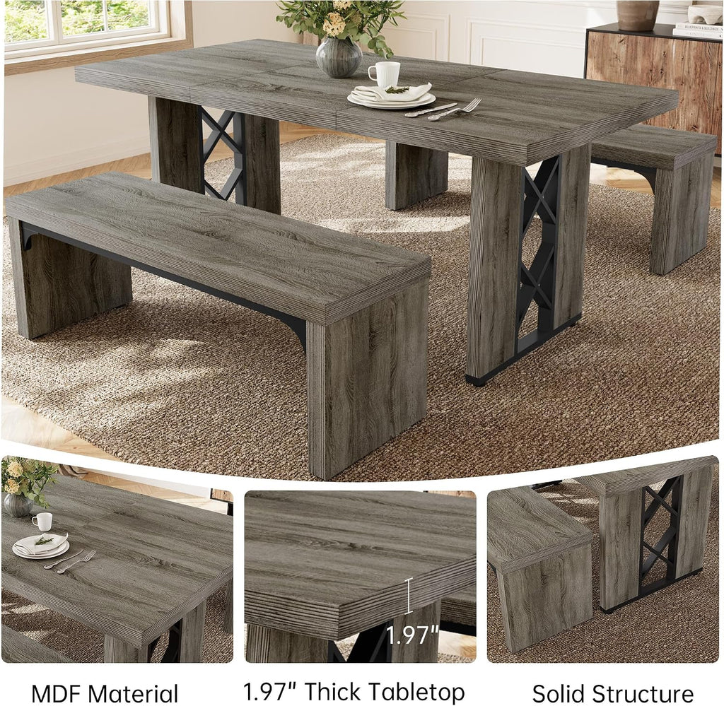 Grey 3pc Dining Table Bench Set