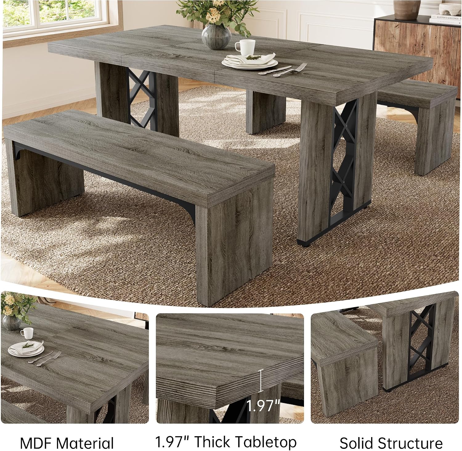 Grey 3pc Dining Table Bench Set