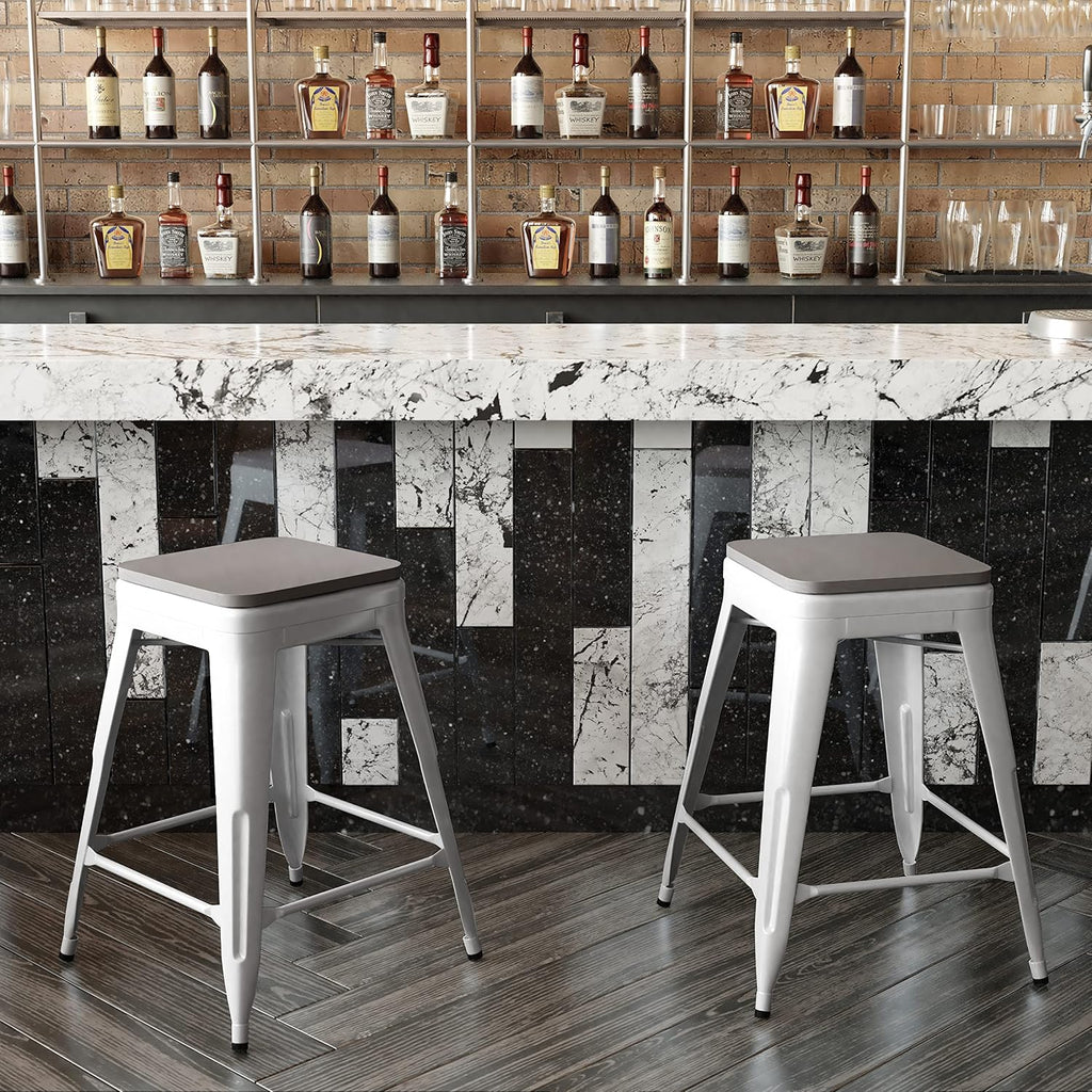 24" White Frame Gray Seat Bar Stool