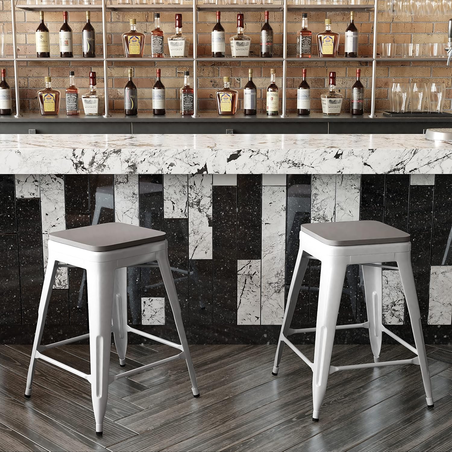 24" White Frame Gray Seat Bar Stool