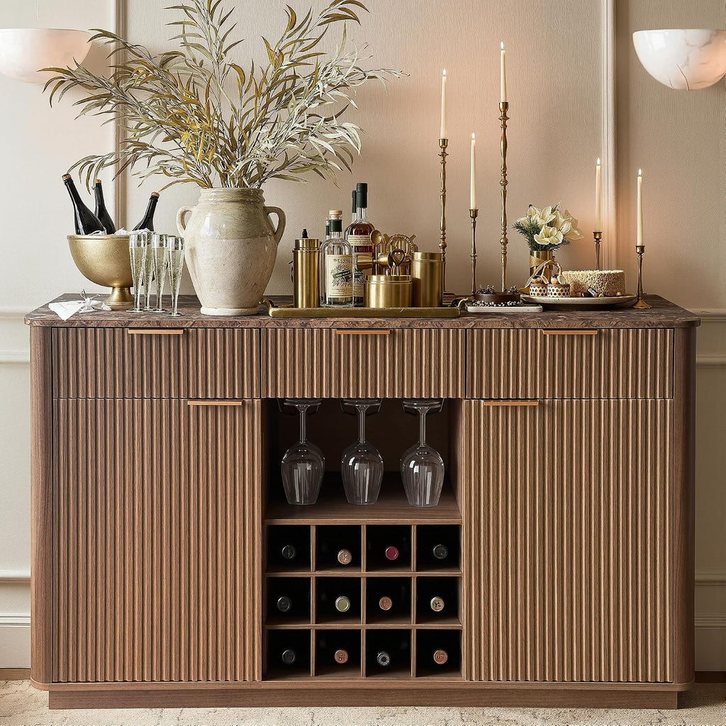 59" Walnut Fluted Marble Top Wine Bar Sideboard