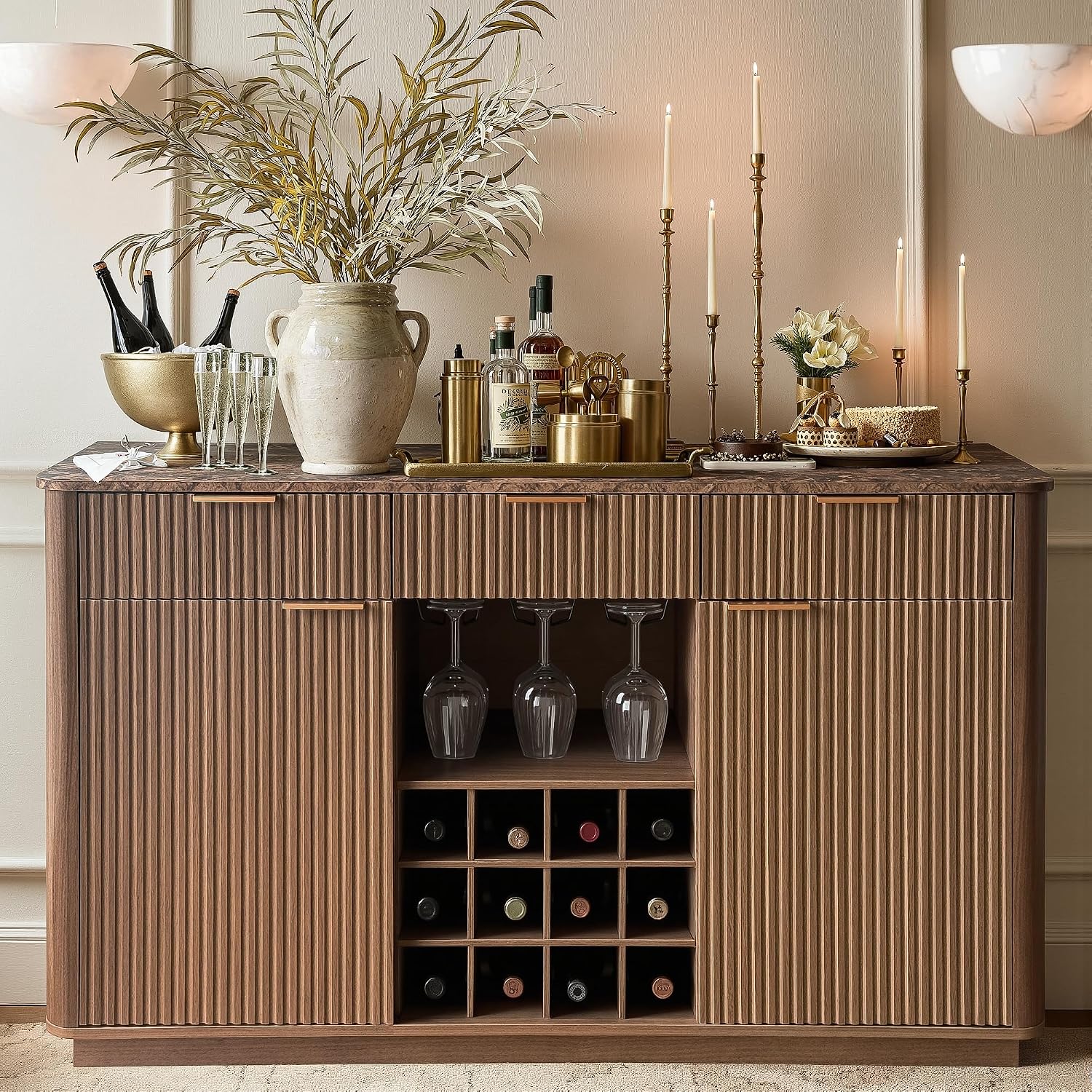 59" Walnut Fluted Marble Top Wine Bar Sideboard