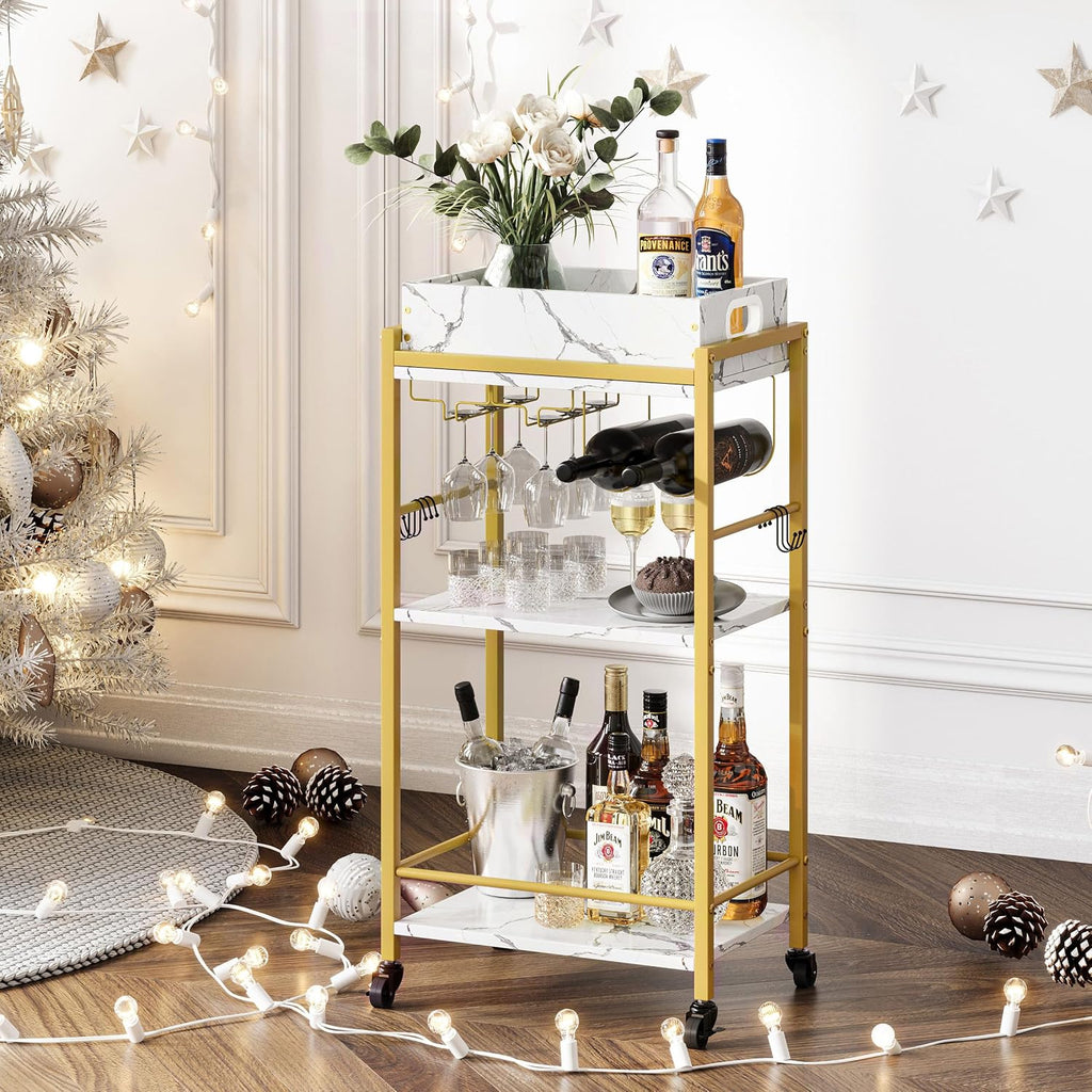 3-Tier Gold Rolling Bar Cart