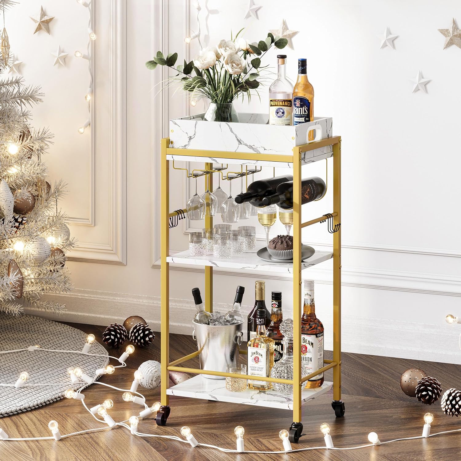 3-Tier Gold Rolling Bar Cart