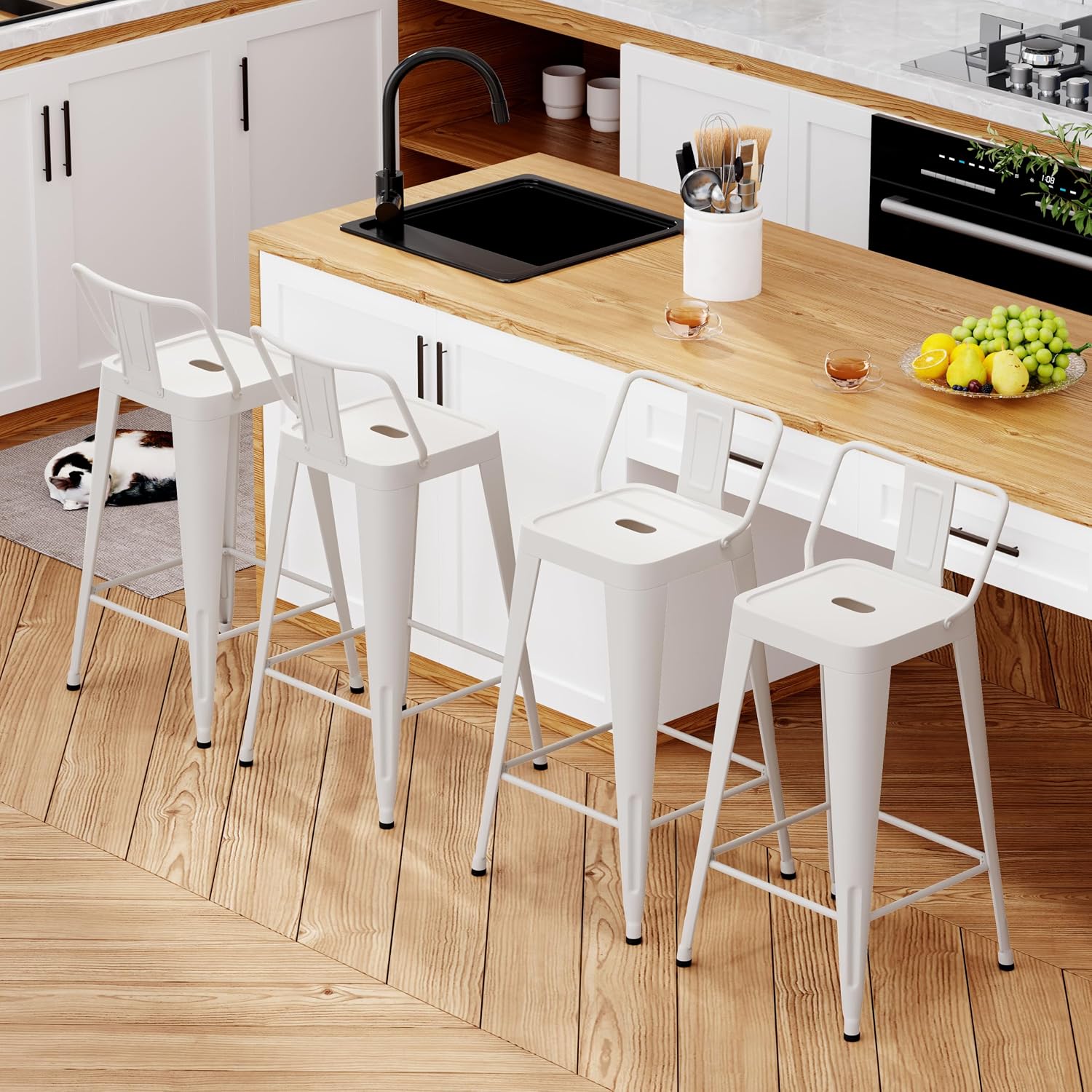 26" White Metal Bar Stools Set 4