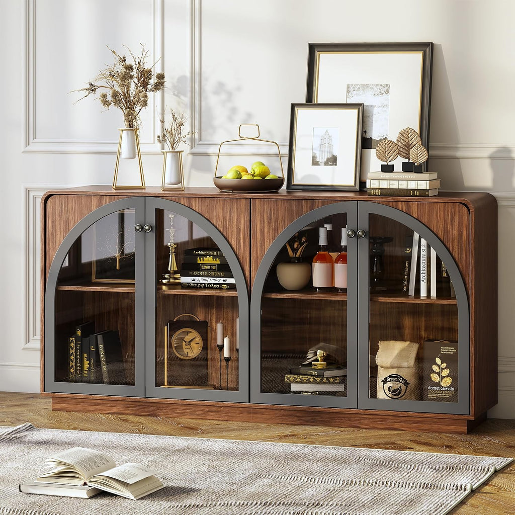 68" Walnut LED Arched Glass Door Wine Bar Credenza