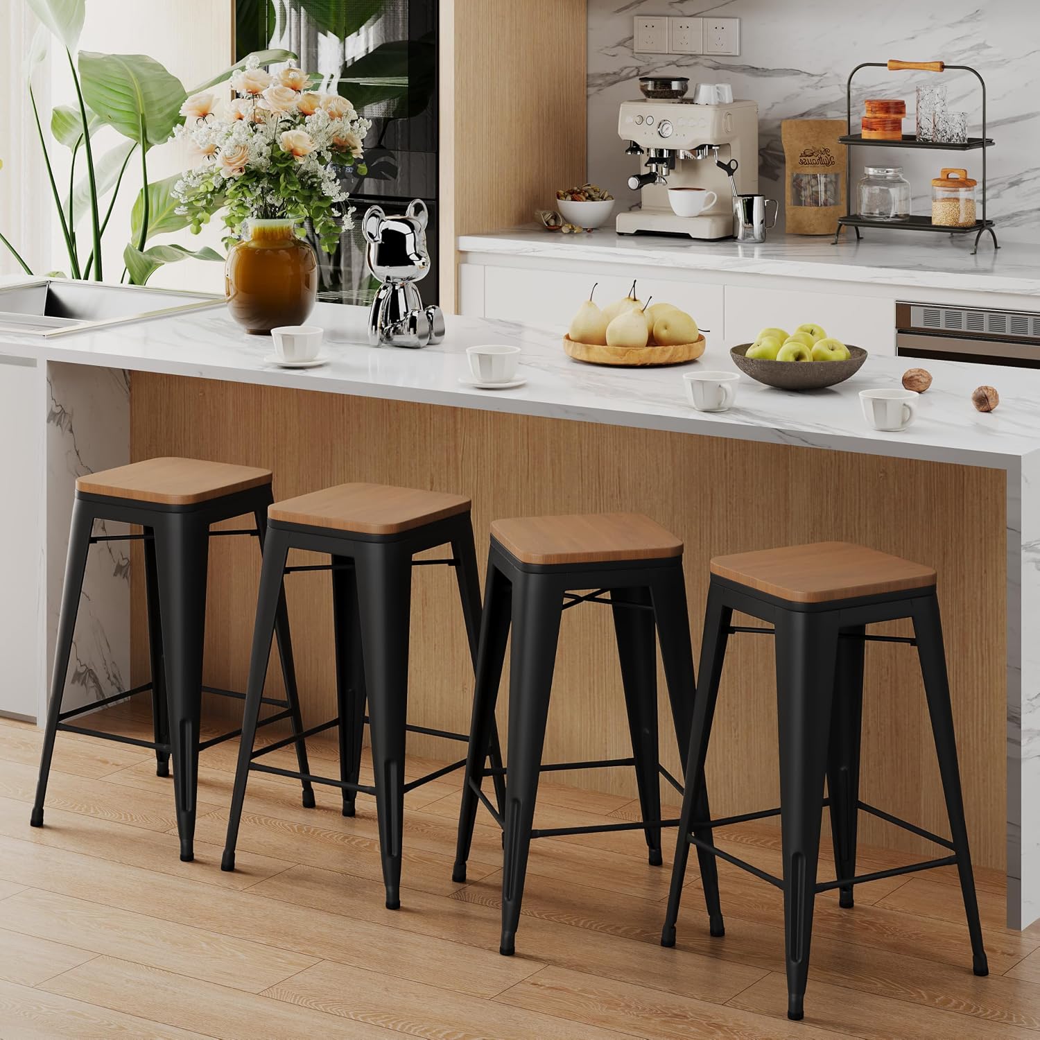 24" Black Wood Seat Bar Stools Set 4