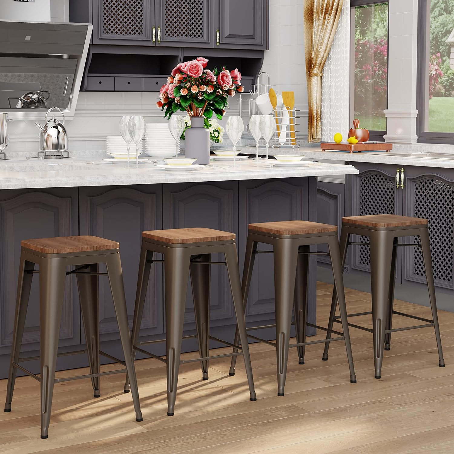 26" Rusty Metal Bar Stools Set 4