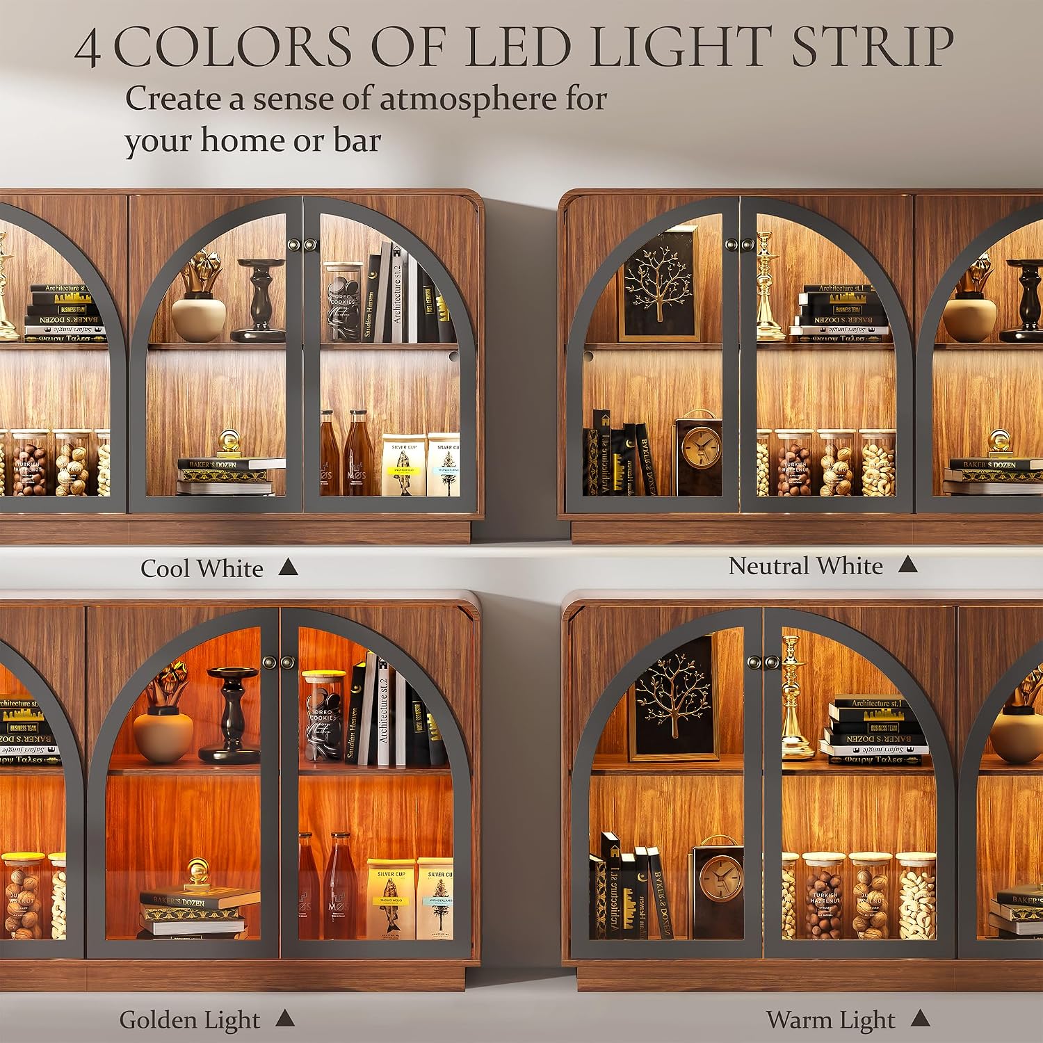 68" Walnut LED Arched Glass Door Wine Bar Credenza