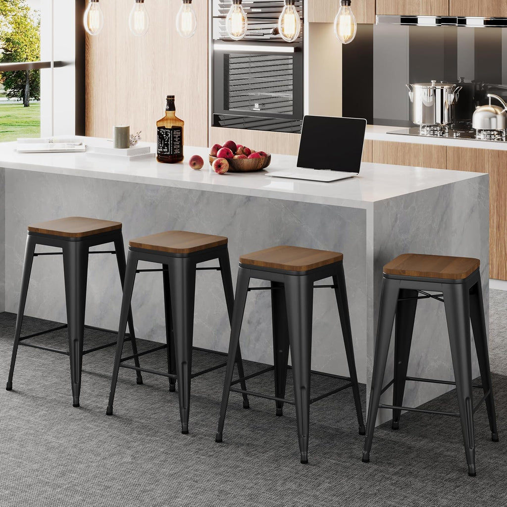 24" Black Wood Seat Bar Stools Set 4