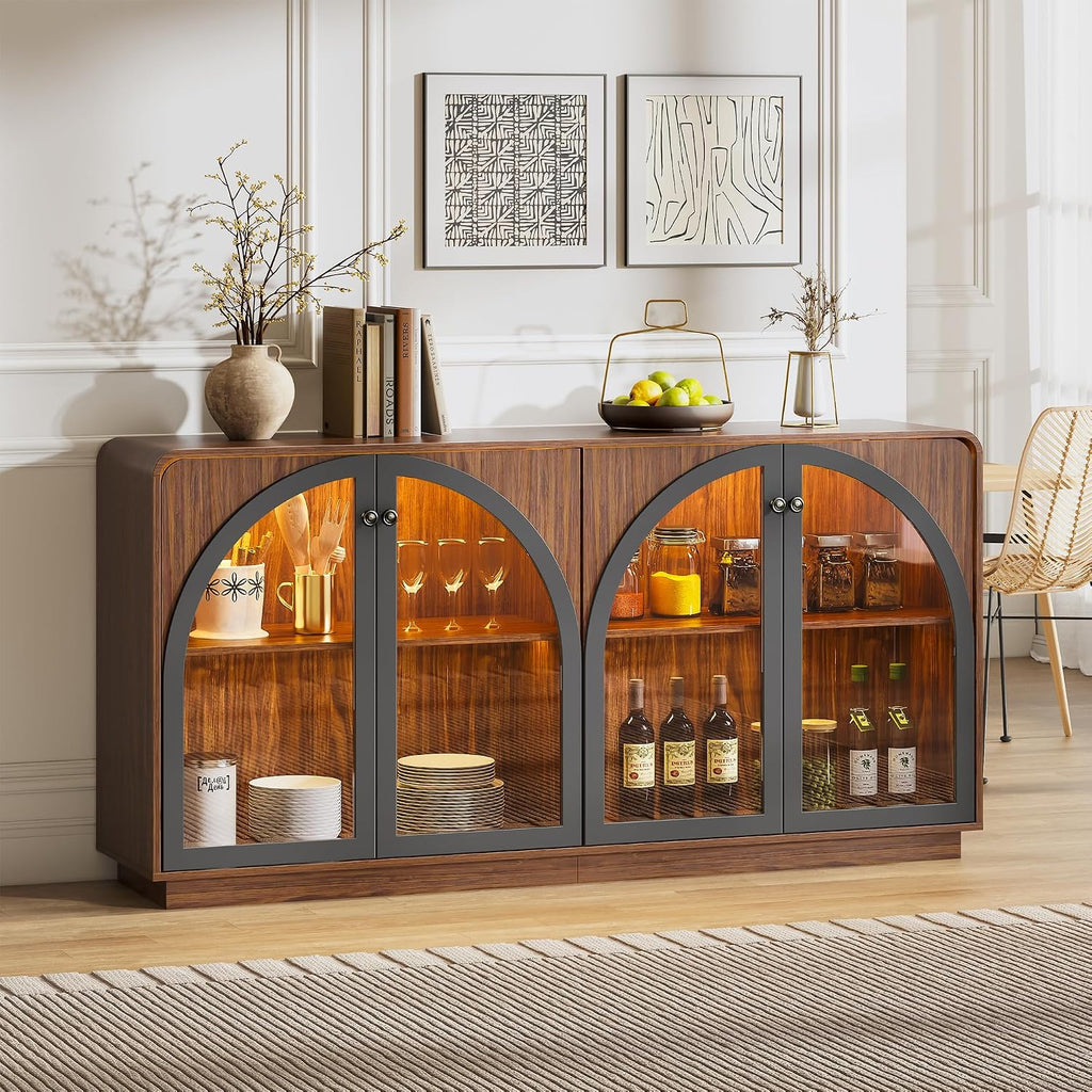 68" Walnut LED Arched Glass Door Wine Bar Credenza